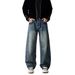 Men's Blue Wide Leg Jeans Retro Distressed Vintage Loose Straight Leg Trousers Mid Waist Long Curved Pants With Slight Stretch_mkmklike.com