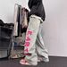 Rose Red Plush Letter Design, Niche Jeans, Oldschool American Style Pants, Trendy Straight Leg Pants_mkmklike.com