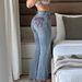 Women's American Style Low Rise Color Block Patchwork Flared Jeans Stretch Vertical Stripe Seam Washed Light Blue_mkmklike.com