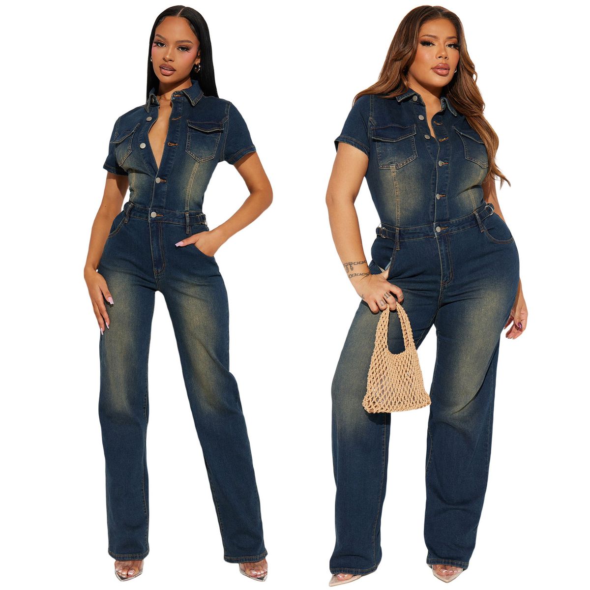 Tight Waist Slim Elastic Washed Denim Jumpsuit Straight Loose Jumpsuit_mkmklike.com