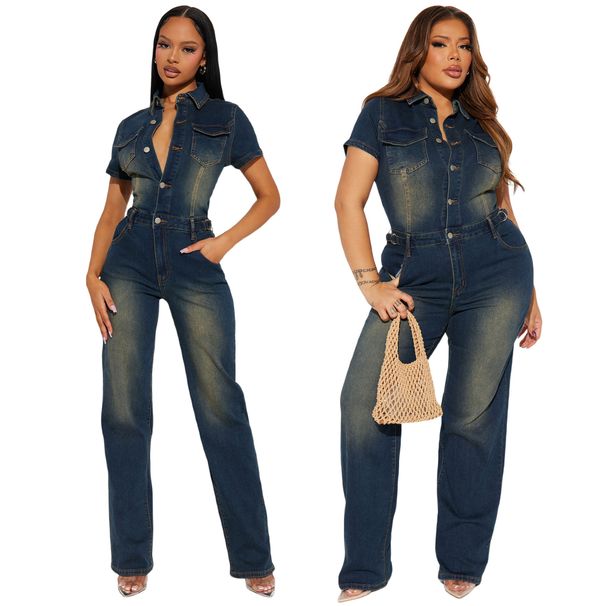 Tight Waist Slim Elastic Washed Denim Jumpsuit Straight Loose Jumpsuit_mkmklike.com