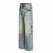 Street Style Punk Washed Denim Wide-Leg Men Loose Casual Gradient Distressed Frayed Hem Straight Long Pants_mkmklike.com