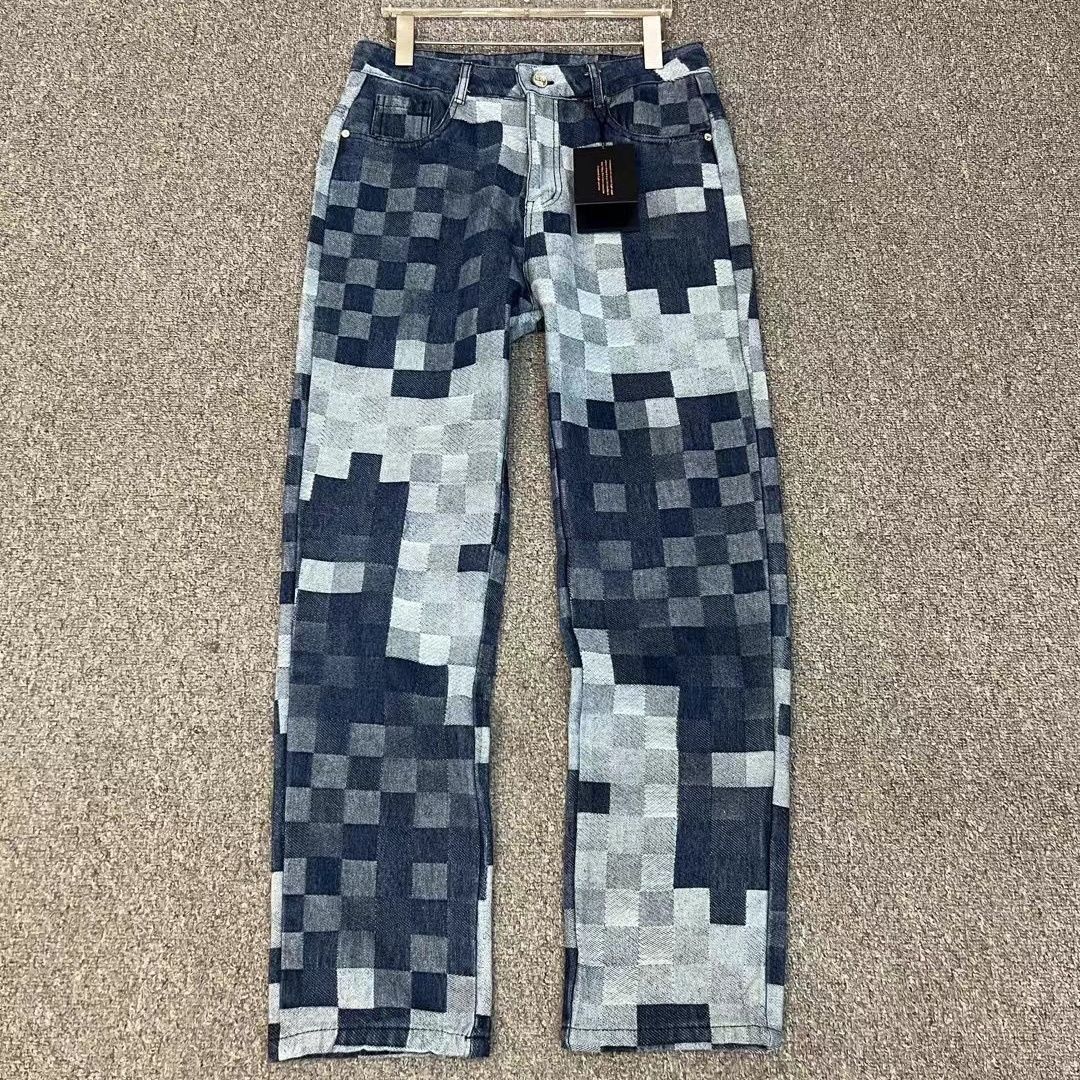 Checkered Print Denim Jeans For Men Summer Lightweight Straight-Leg Pants, Loose Fit Retro Streetwear With High-Waisted Comfort Classic Plaid Pattern_mkmklike.com
