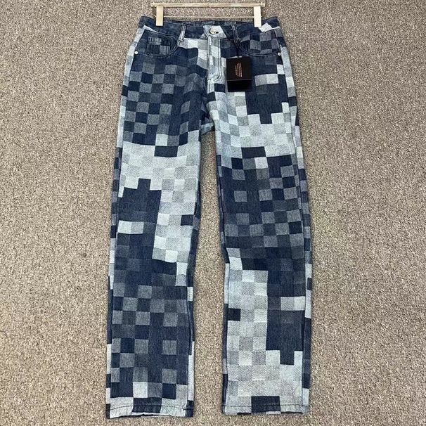 Checkered Print Denim Jeans For Men Summer Lightweight Straight-Leg Pants, Loose Fit Retro Streetwear With High-Waisted Comfort Classic Plaid Pattern_mkmklike.com