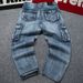 Washed Side Pockets Loose Fit Blue Straight Wide Leg Casual Denim Mens Baggy Cargo Jeans Pants For Men_mkmklike.com