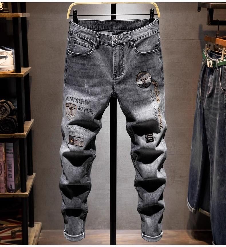 Slim Fit Jeans For Men Trendy Hand Embroidered Elastic Waist Skinny Trousers Gray Washed Summer Style_mkmklike.com