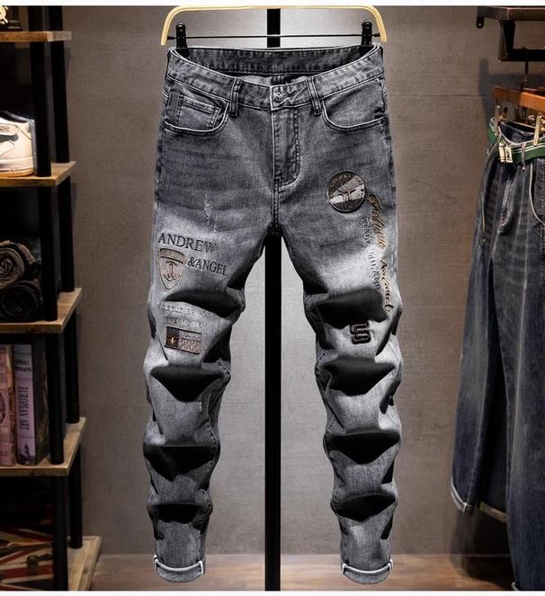 Slim Fit Jeans For Men Trendy Hand Embroidered Elastic Waist Skinny Trousers Gray Washed Summer Style_mkmklike.com