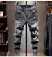 Slim Fit Jeans For Men Trendy Hand Embroidered Elastic Waist Skinny Trousers Gray Washed Summer Style_mkmklike.com