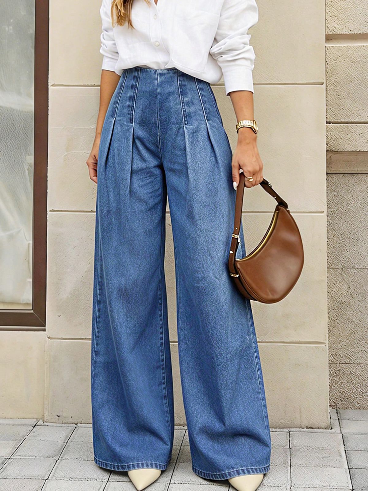 Korean Style High Waisted Wide Leg Jeans Pleated Slimming Washed Blue Casual Floor Length Women's Denim_mkmklike.com