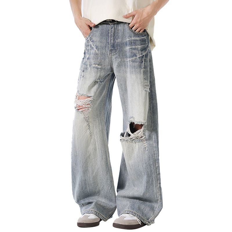 Men's Clothing Lightning Pattern Ripped Spring And Summer Design Straight Wide Leg Pants Jeans For Men_mkmklike.com