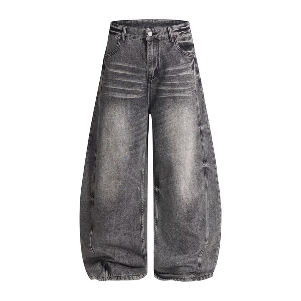 Unisex Wide Leg Pants American Retro Design Washed Scimitar Jeans Loose Fitting Long Trendy Whiskered_mkmklike.com