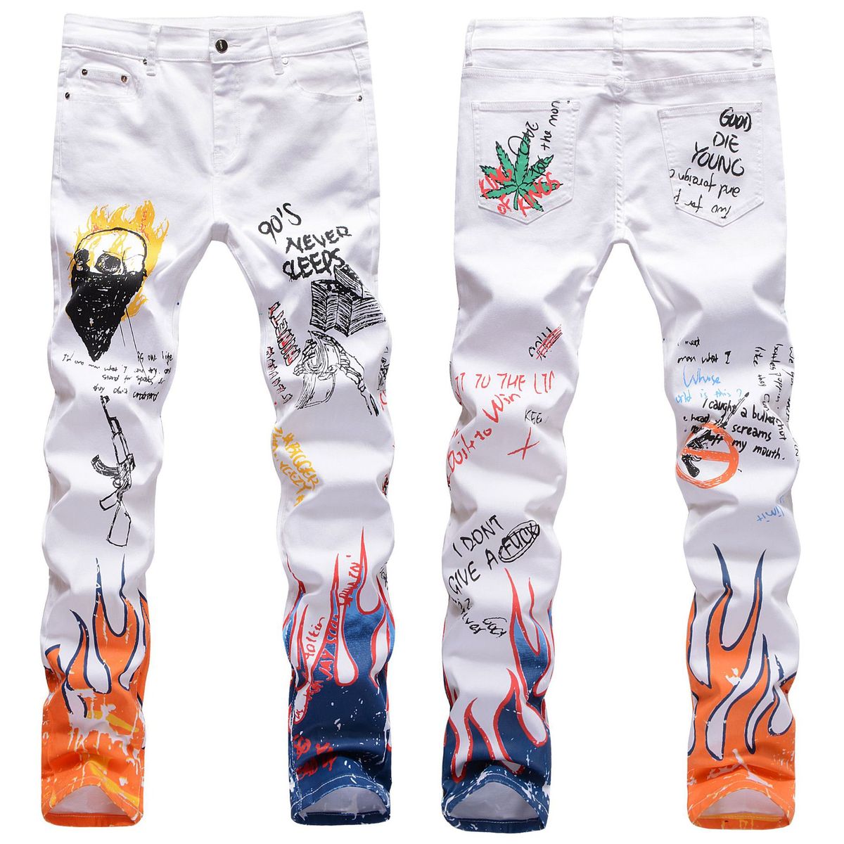 Men's Streetwear Stretch Jeans – 3D Skeleton Print Slim Fit Denim Pants (High-Street Fashion, Mid-Rise, White Washed)_mkmklike.com