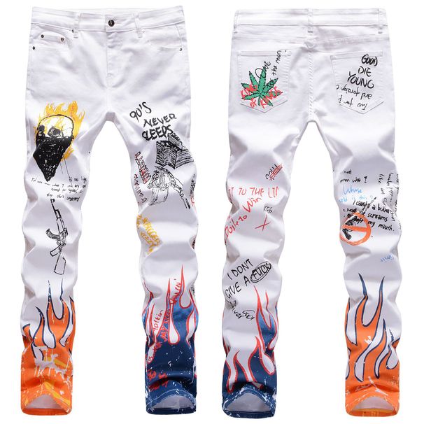 Men's Streetwear Stretch Jeans – 3D Skeleton Print Slim Fit Denim Pants (High-Street Fashion, Mid-Rise, White Washed)_mkmklike.com
