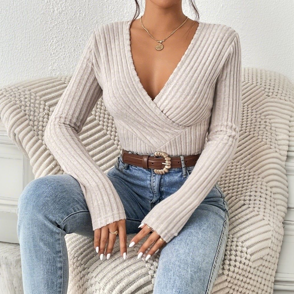 Chicco 2026 Autumn Winter New Independent Station Cross-Border Women's Clothing Ribbed Brushed Slim Fit T-Shirt V-Neck Slimming_mkmklike.com