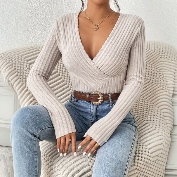 Chicco 2026 Autumn Winter New Independent Station Cross-Border Women's Clothing Ribbed Brushed Slim Fit T-Shirt V-Neck Slimming_mkmklike.com