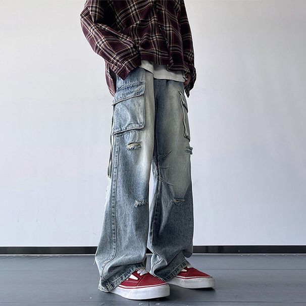 Nordmann American Retro Distressed Jeans For Men Loose Wide-Leg New High Street Hip-Hop Straight Casual Pants_mkmklike.com