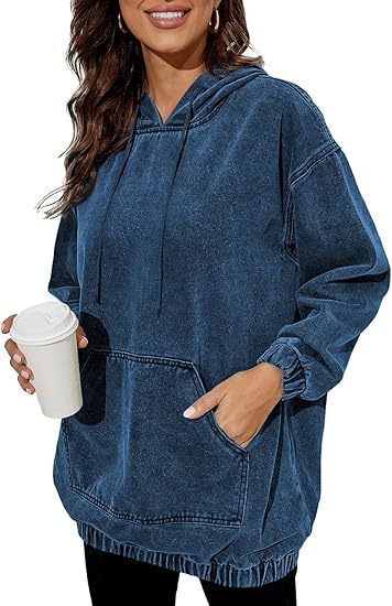 Women's Clothing Vintage Washed Denim Hoodie Oversized Streetwear Pullover With Distressed Snow Wash_mkmklike.com