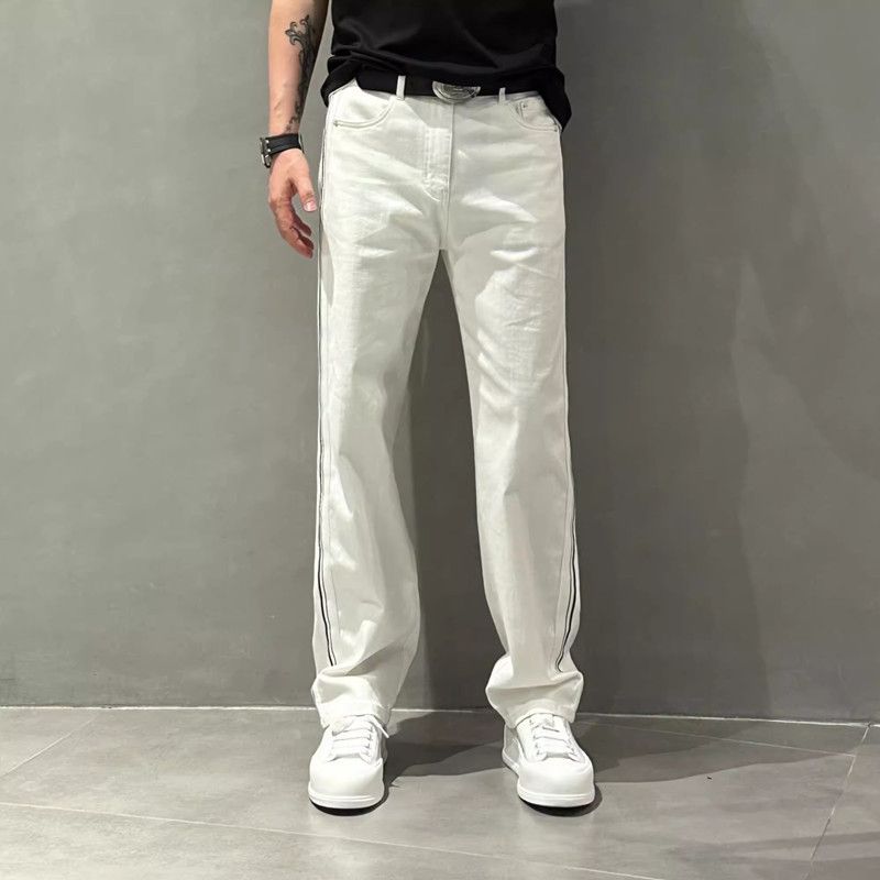 Men's Thin All-Match Wide-Leg Pants Men's Striped Stitching Straight Casual Pants Fashionable Loose White Jeans_mkmklike.com