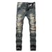 Men's Light Blue Distressed Slim Straight Jeans - Cotton Stretch Denim Pants With Multiple Rips & Vintage Wash_mkmklike.com