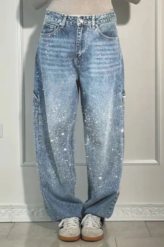 Glitter Star Embellished High-Waist Jeans For Women – Stylish Stretch Denim Pants With Rhinestone Details, Straight Leg Fit_mkmklike.com
