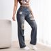 Women's Clothing Adjustable Waistband Distressed And Stylish High Waist Adjustable Jeans With Distressed Details & Straight Leg Design - Blue_mkmklike.com