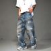 Vintage Washed Distressed Jeans – Oversized Straight-Leg Denim Pants With Paint Splatter & Rips – Grunge Streetwear For Men (Dirty Blue, S-3xl)_mkmklike.com
