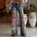 Vintage Pink Rose Embroidery Art Print Flare Jeans For Women - High Waisted Stretch Denim Pants With Floral Design_mkmklike.com