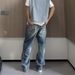 Men's Retro Blue Jeans American Style Summer Washed Distressed Straight Leg Loose Casual Pants_mkmklike.com
