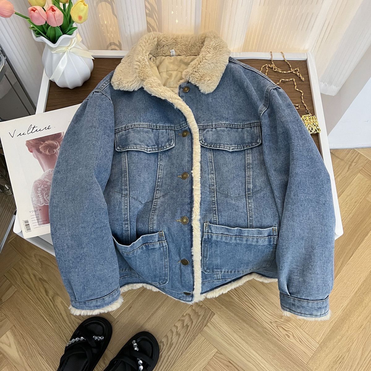 Retro Style Faux Shearling Denim Jacket - Winter Fleece-Lined Thick Denim Jackets & Coats Warm Coat For Women (Blue) Denim_mkmklike.com
