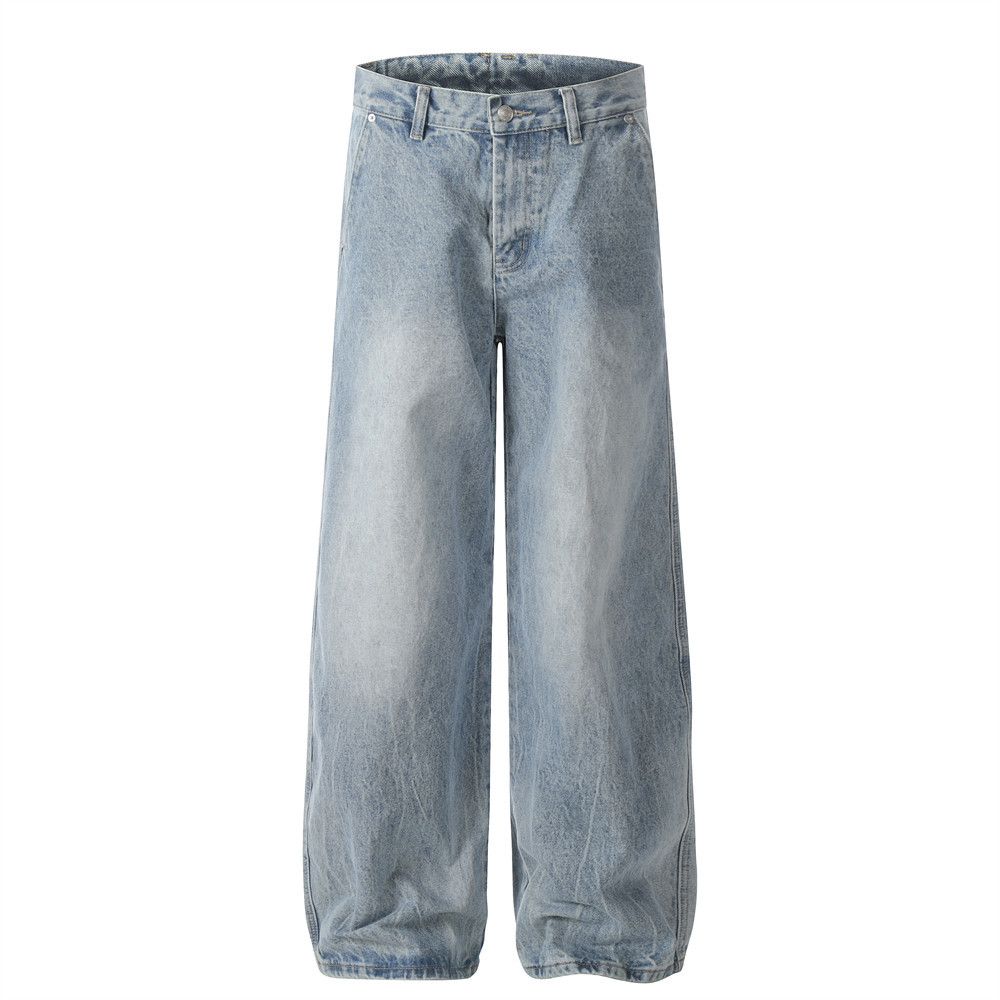 High Street Washed Lightly Faded White Jeans Men's Loose Straight Trendy American Hip-Hop Casual Wide-Leg Long Pants_mkmklike.com