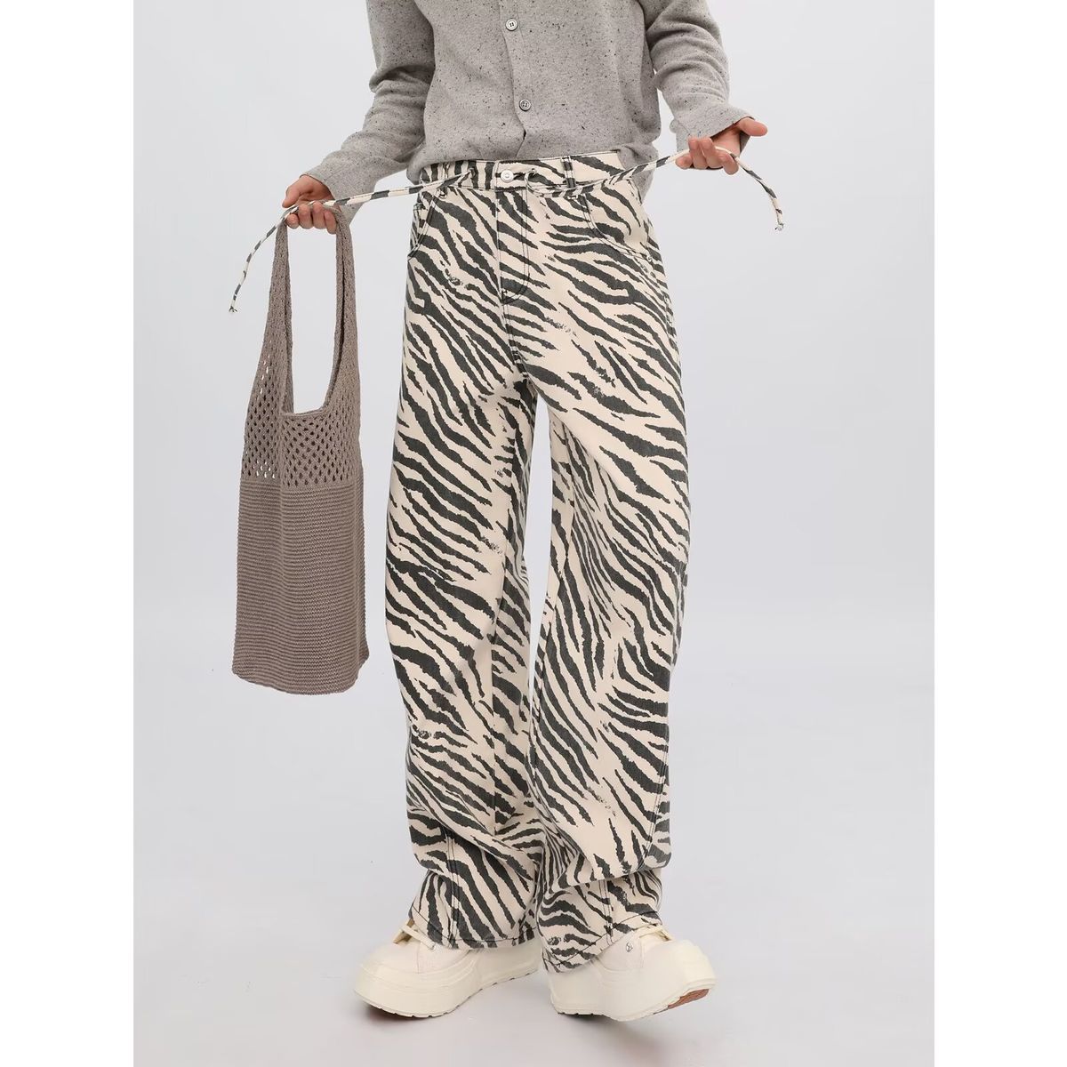 Cleanfit Design Striped Color Blocked Zebra Print Jeans Casual Straight Pants for Men And Women mid Waist Blue Long Jeans_mkmklike.com