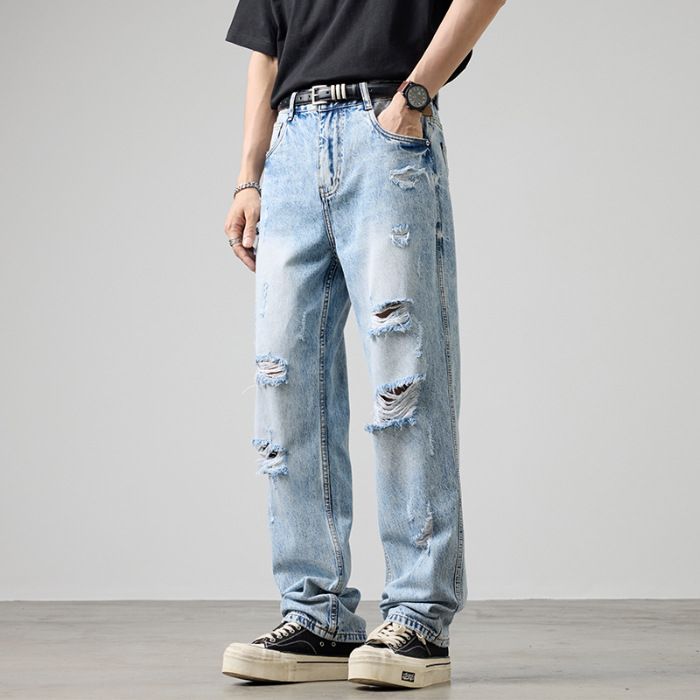 Vintage Wash Men's Relaxed Fit Straight Leg Jeans - Light Blue Distressed Cotton Trousers For Urban Style (S-3XL)_mkmklike.com