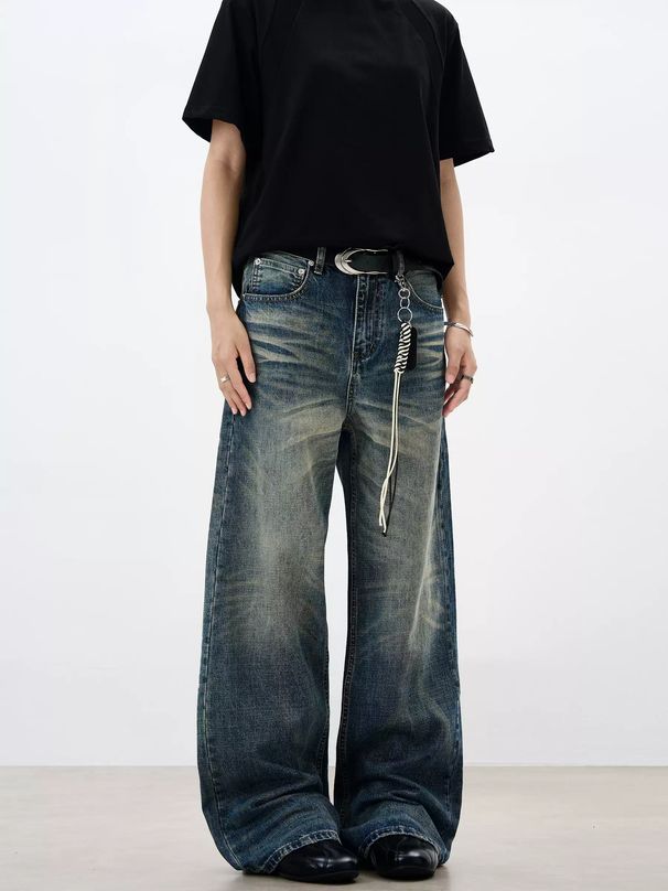 Men's Washed Whiskered Retro Blue Denim Jeans Loose Straight Leg Vintage Style Floor Length Clean Fit High Street Trousers_mkmklike.com