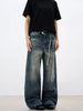 Men's Washed Whiskered Retro Blue Denim Jeans Loose Straight Leg Vintage Style Floor Length Clean Fit High Street Trousers_mkmklike.com