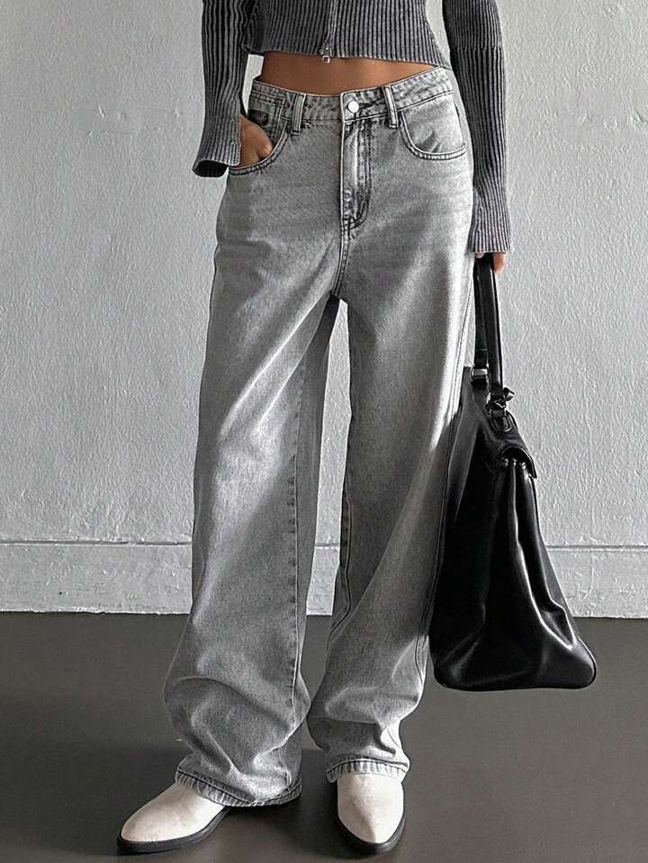 Women's High-Waisted Wide Leg Jeans Smoky Gray Washed Retro Street Style Loose Fit Floor-Length Autumn Winter_mkmklike.com