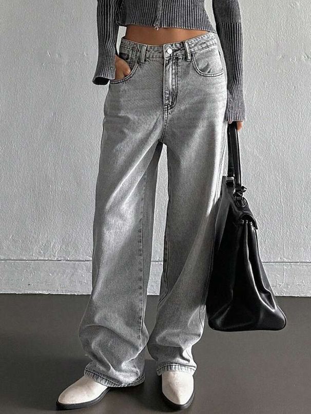 Women's High-Waisted Wide Leg Jeans Smoky Gray Washed Retro Street Style Loose Fit Floor-Length Autumn Winter_mkmklike.com