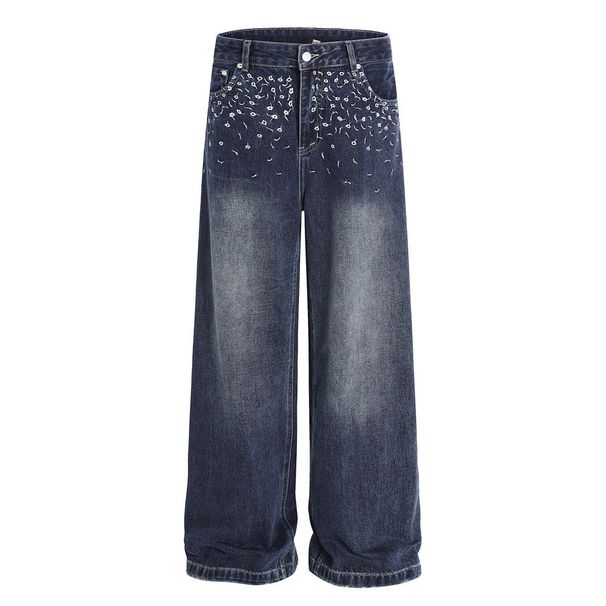 Street Style Floral Embroidery Denim Wide-Leg Men's Vibe Trend Washed Vintage Distressed Straight Pants_mkmklike.com