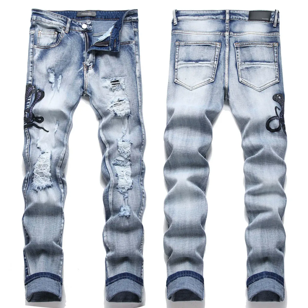 New Cross-border Street Style Blue Eyeglasses Snake Embroidery Stretchable Men's Jeans For Teenagers Casual Scene_mkmklike.com