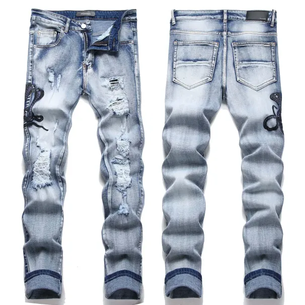 New Cross-border Street Style Blue Eyeglasses Snake Embroidery Stretchable Men's Jeans For Teenagers Casual Scene_mkmklike.com