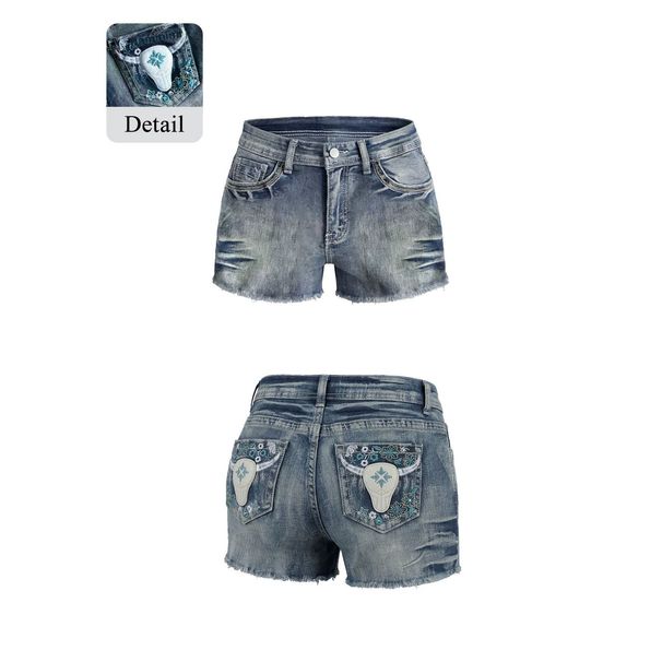 Women's Western Style Skull Embroidered Denim Shorts Slimming Hot Pants Washed Edges Cross Border in Stock_mkmklike.com