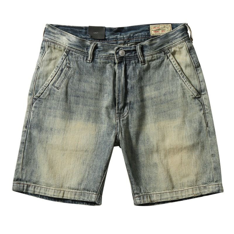 Vintage American Workwear Denim Shorts – Distressed Washed Slim Fit Retro Quarter-Length (Men's Casual Summer Style)_mkmklike.com