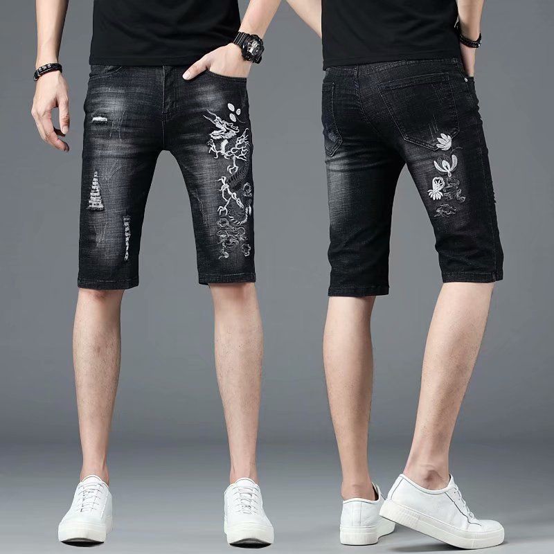 Men's Summer Embroidered Denim Shorts Trendy Straight Leg Stretch Ripped Casual Black Five Point Hot Item_mkmklike.com