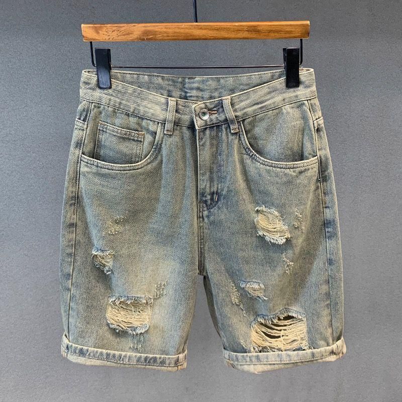 High End Men's Denim Shorts Loose Large Size Straight Hole Casual Summer Clothing_mkmklike.com