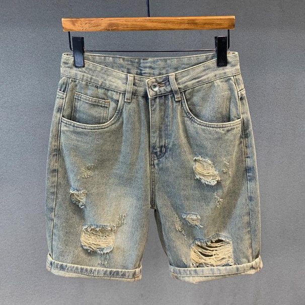 High End Men's Denim Shorts Loose Large Size Straight Hole Casual Summer Clothing_mkmklike.com