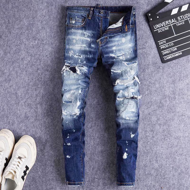 Men's Clothing Men's Trendy Retro High Street Style Ripped And Patched Slim Fit Skinny Jeans Fashion Distressed Washed Paint Style American_mkmklike.com
