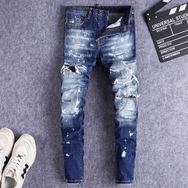 Men's Clothing Men's Trendy Retro High Street Style Ripped And Patched Slim Fit Skinny Jeans Fashion Distressed Washed Paint Style American_mkmklike.com