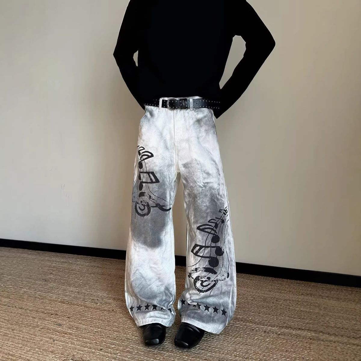 Men's Retro Hip-Hop Jeans With Musical Note Print - High Street Loose Fit Denim Pants For Casual Wear_mkmklike.com