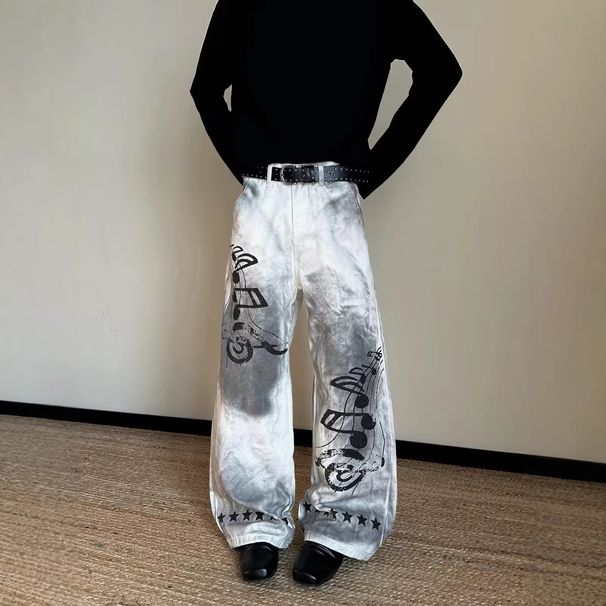 Men's Retro Hip-Hop Jeans With Musical Note Print - High Street Loose Fit Denim Pants For Casual Wear_mkmklike.com
