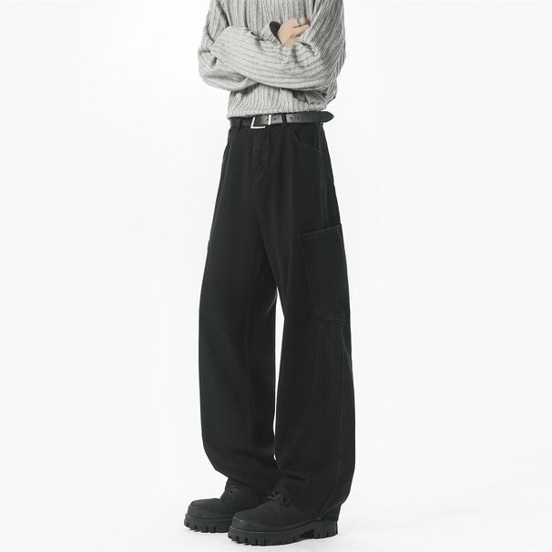 Vintage Washed Men's Straight Leg Jeans With Big Pockets | Distressed Denim Pants For Spring & Summer | American Streetwear Style_mkmklike.com