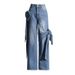 Women's High Waist Patch Pocket Jeans With Bow Tie Detail - Street Style Wide Leg Pants In Solid Blue_mkmklike.com